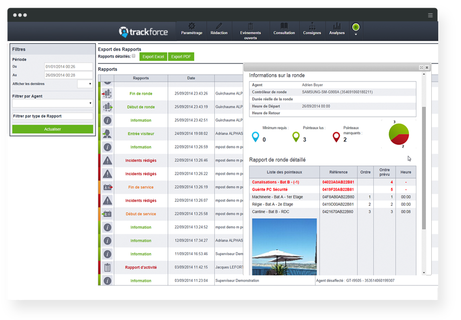 Trackforce Valiant - Les rapports d'activités et d'incidents sont personnalisables et peuvent inclure la position GPS, l'heure précise, des photos/vidéos, des signatures etc...