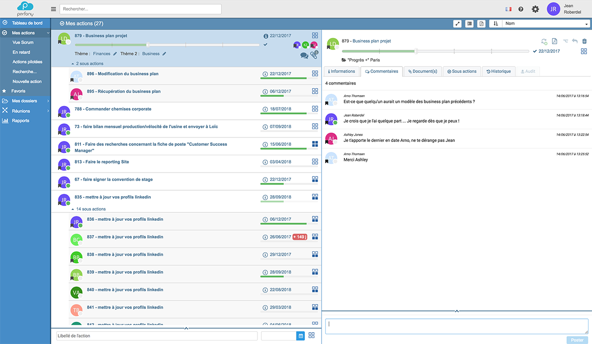 Perfony - Accédez à toutes vos actions à un seul endroit. Fini les tableaux Excel. Désormais vous pouvez créer des filtres pour ne voir que vos actions, ou celles de vos équipes, ou celles en retard etc...