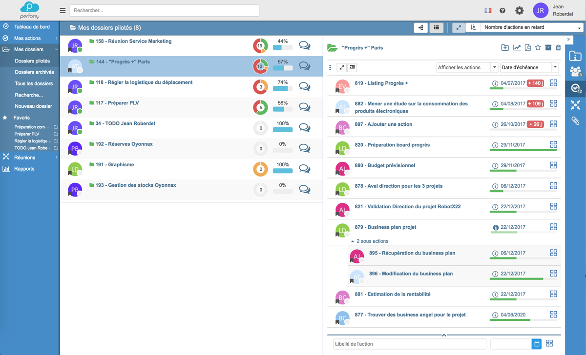 Perfony - Naviguez simplement dans vos dossiers pour retrouver vos plans d'actions.