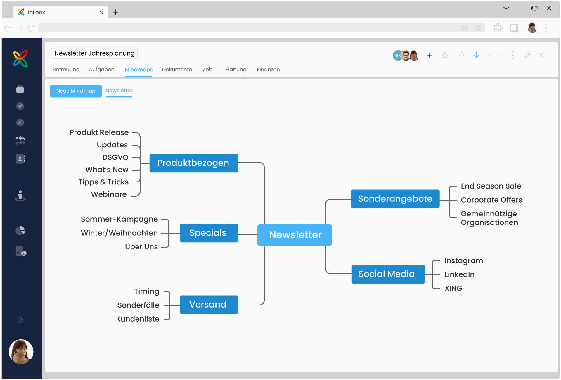 InLoox - Beginnen Sie mit dem Brainstorming Ihrer Projektideen in einer Mind Map und erstellen Sie Projektaufgaben mit nur einem Klick.
