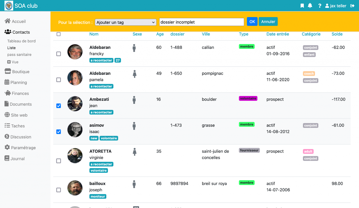 Kananas - Liste des contacts - actions collectives.