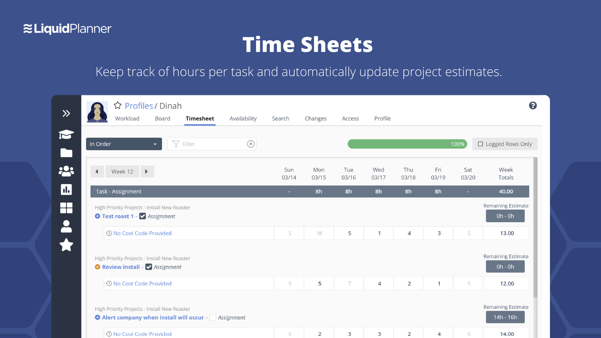 LiquidPlanner - Time Sheets keep track of hours per task and automatically update project estimates.