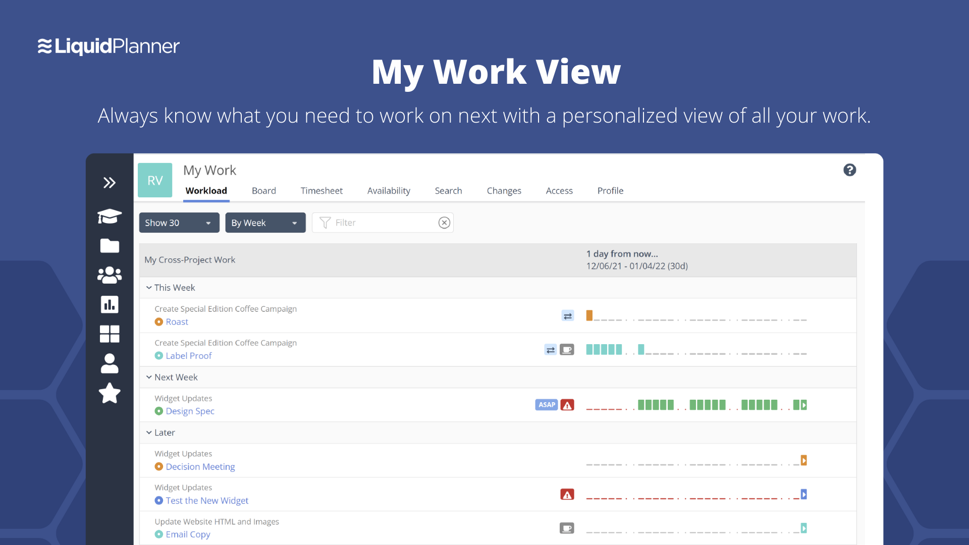 LiquidPlanner - My Work View is a personalized view of all your work to always know what you need to work on next.
