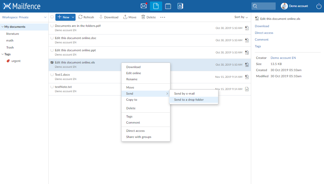 Screenshot of the Mailfence Documents component Screenshot of the Mailfence Documents component