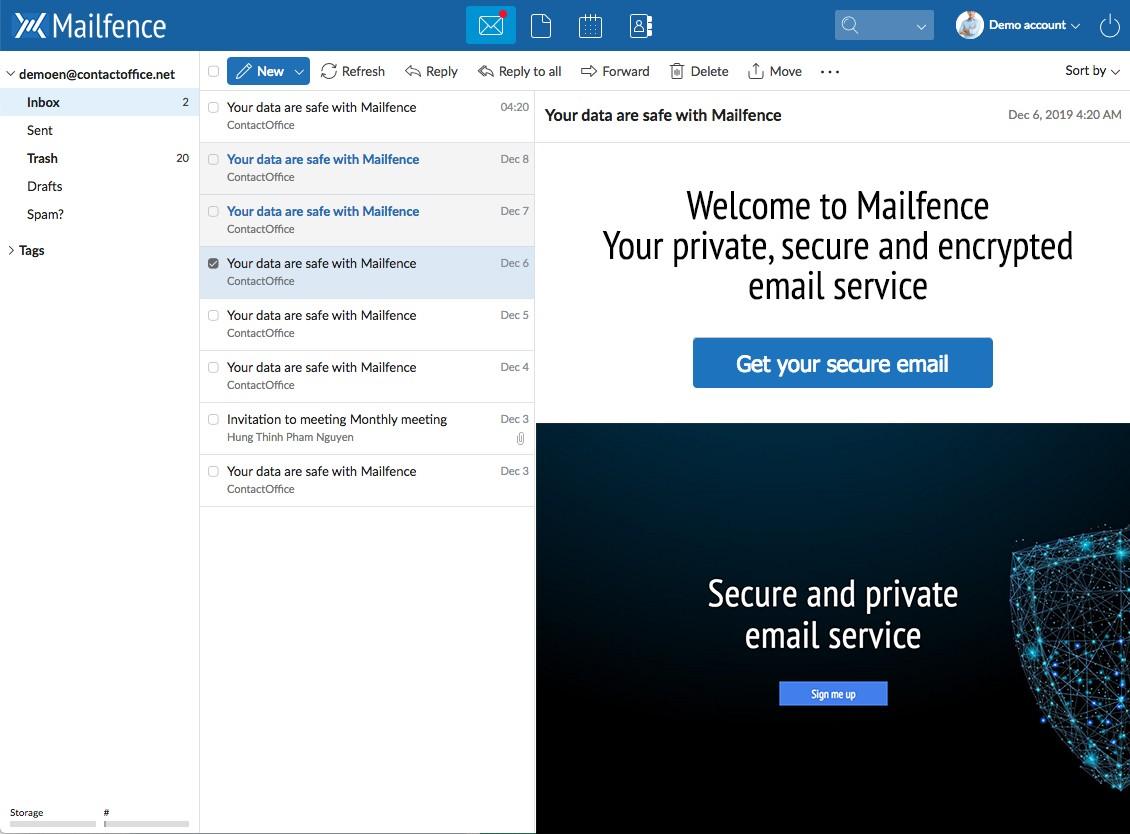 Screenshot of the Mailfence Email component Screenshot of the Mailfence Email component