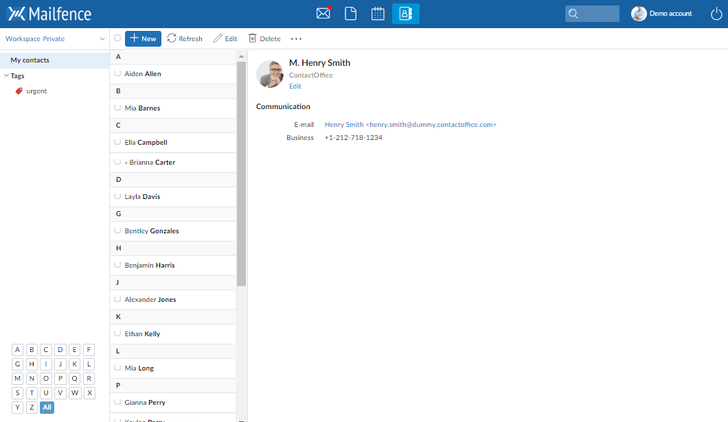 Screenshot of the Mailfence Contacts component Screenshot of the Mailfence Contacts component