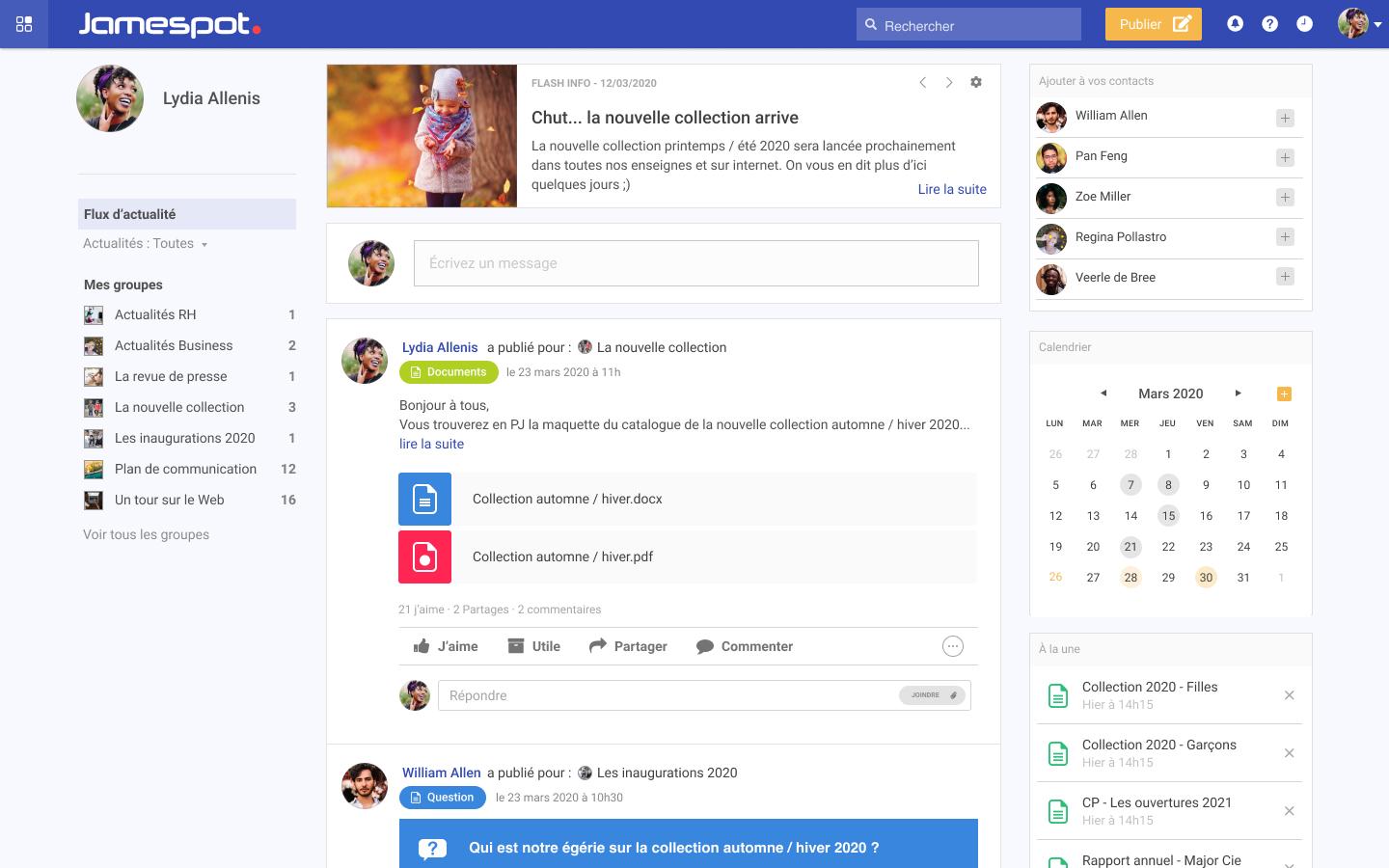 Jamespot - Le réseau social d'entreprise Jamespot vous aide à simplifier votre communication. Avec Jamespot, vous reprenez le contrôle de votre communication interne. Au niveau mondial avec les publications NewsFeed, ou en tête à tête avec notre Messenger.