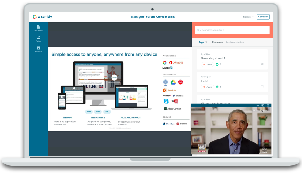 Wisembly - Diffusez vos documents en direct et autorisez leur téléchargement.
