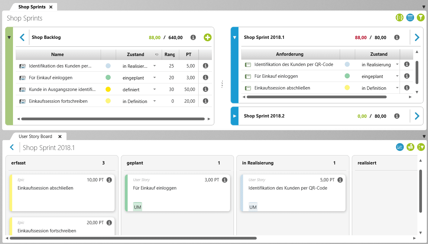 objectiF RPM - Aus Anforderungen im Backlog User Stories ableiten und auf dem Kanban-Board anzeigen