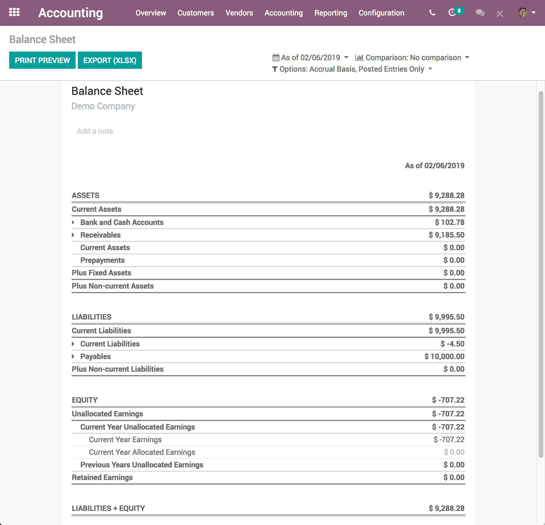 Odoo Accounting - Odoo Accounting - Balance Sheet