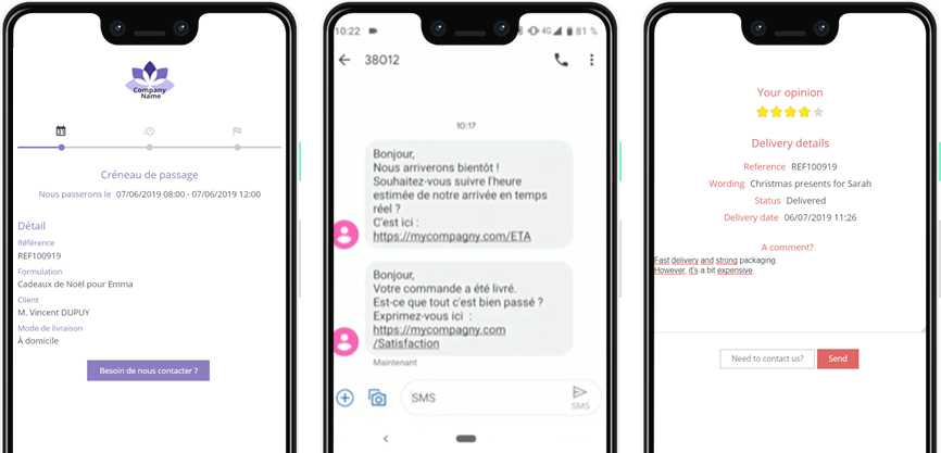 Nomadia Field Service - Communication avec le client final : envoi de notifications, heure d'arrivée estimée (ETA), suivi sur une carte...