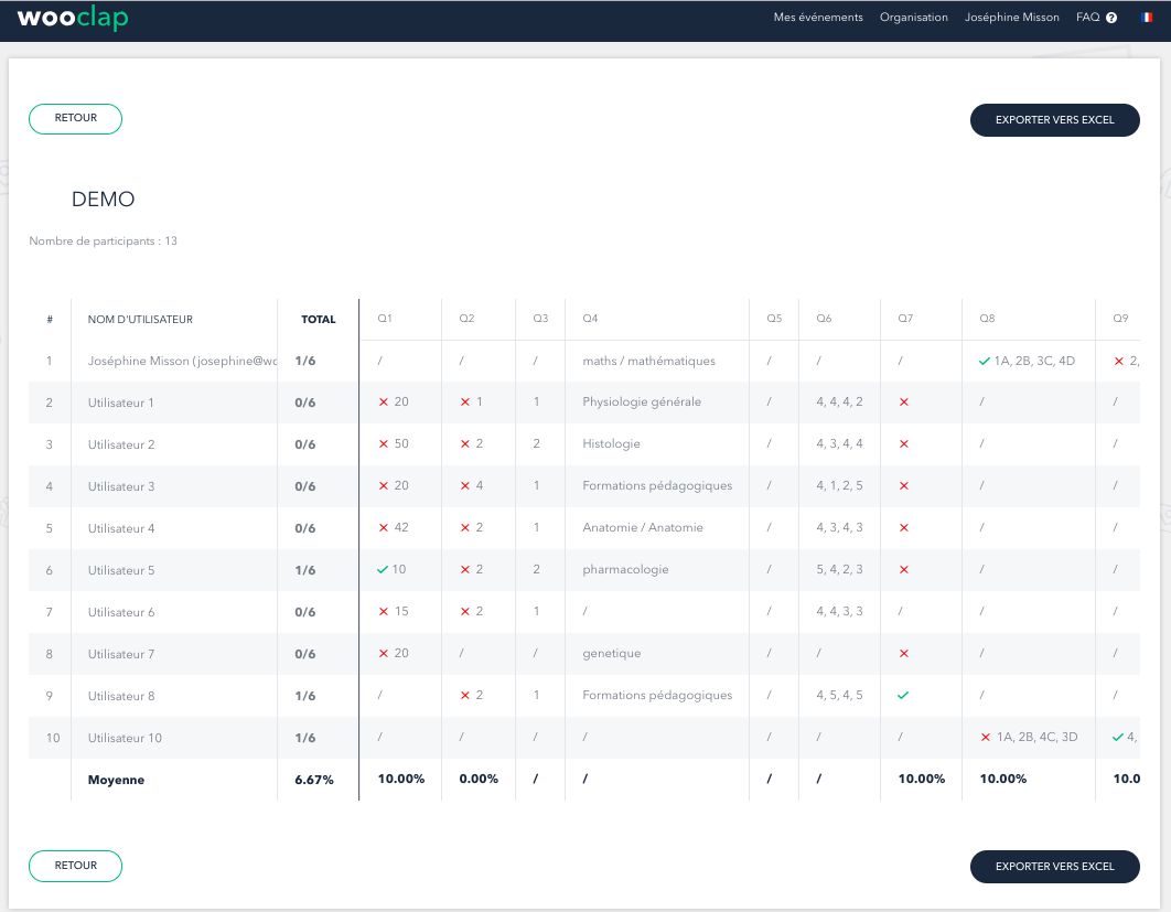 Wooclap - Wooclap: results Export via Excel, PDF or results grid