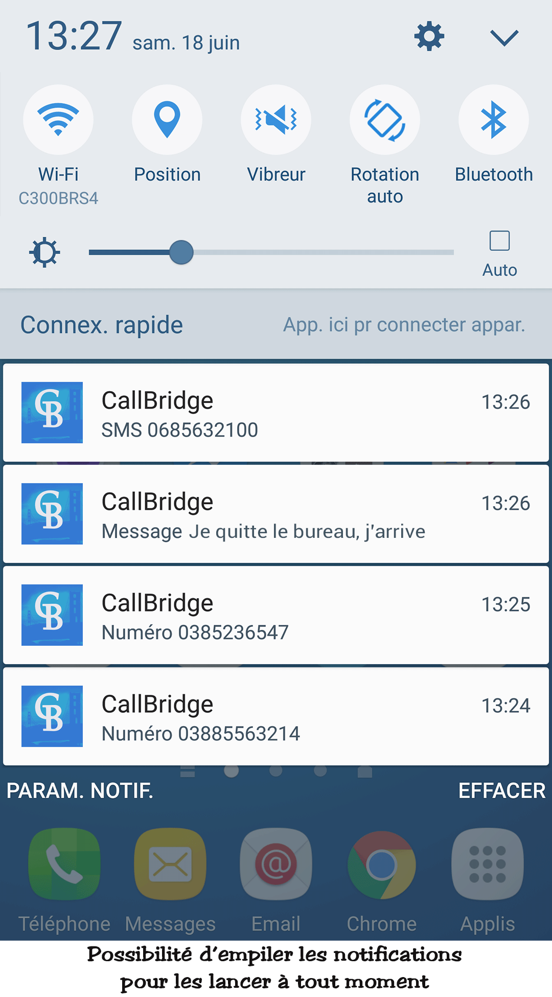 CallBridge Mobile - YOu start calls / SMS immediately or put them in the list of notifications for later