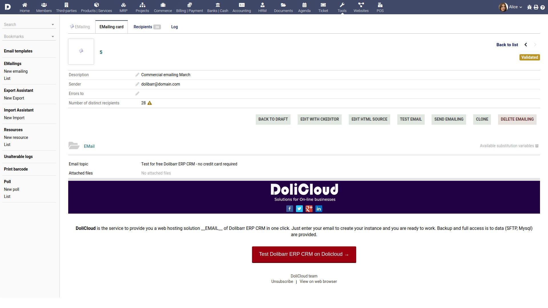 DoliCloud ERP CRM - The emailing builder