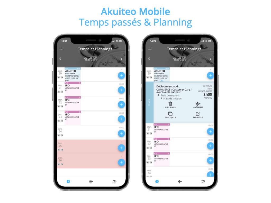 Akuiteo - Application mobile : Temps passés & Planning