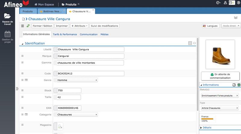 Afineo PIM - Product with customizable fields (text field, date, multiple choice, text box, formula etc ...)