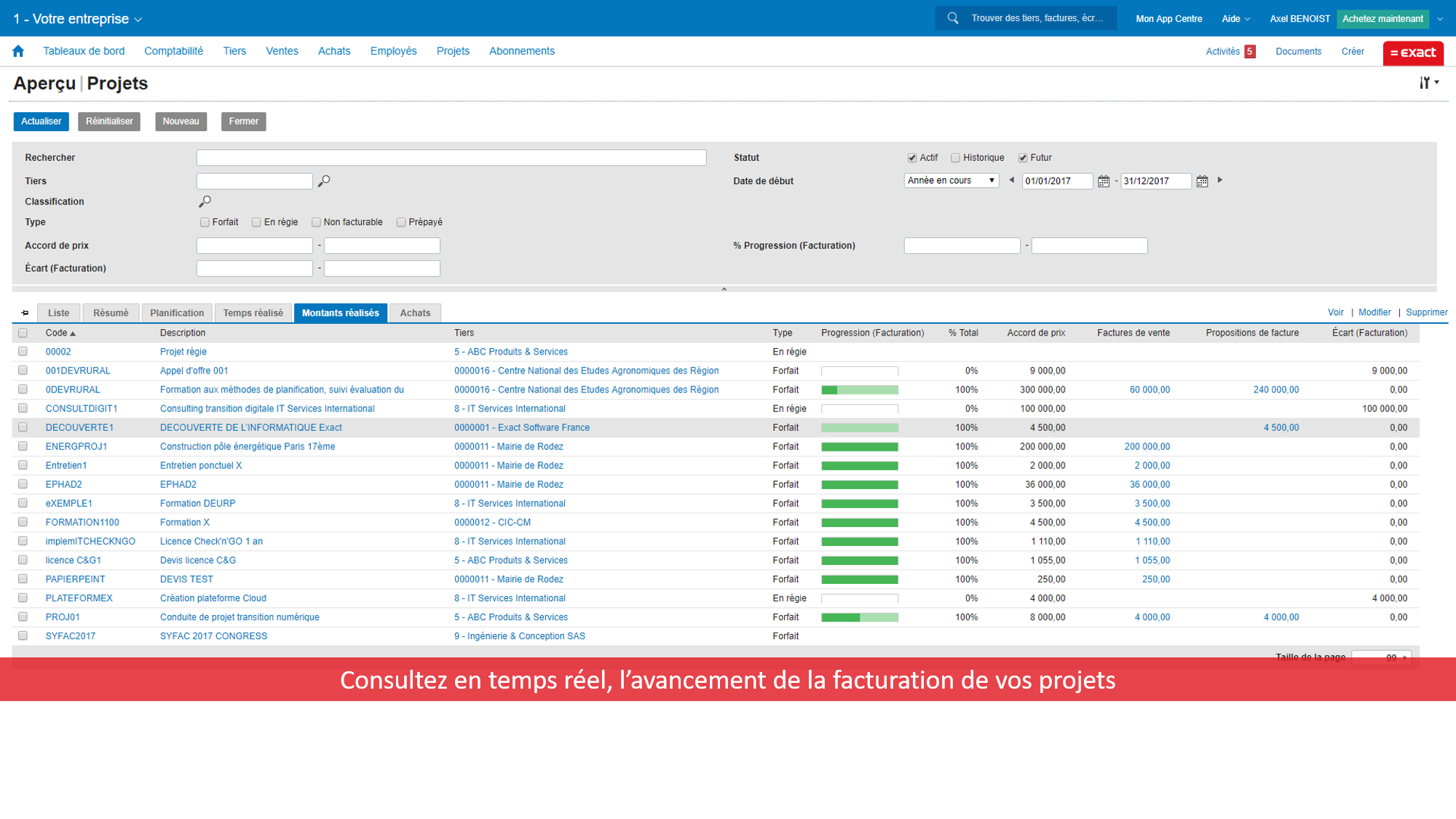 Exact pour Gestion de projets - Avancement facturation projet