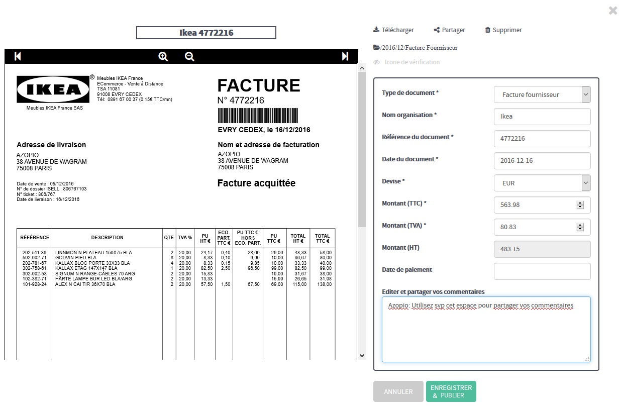 Azopio - L'utilisateur peut vérifier les données extraites par les algorithmes d'Azopio avant de les envoyer vers une plateforme comptable en ligne ou de les exporter sous Excel