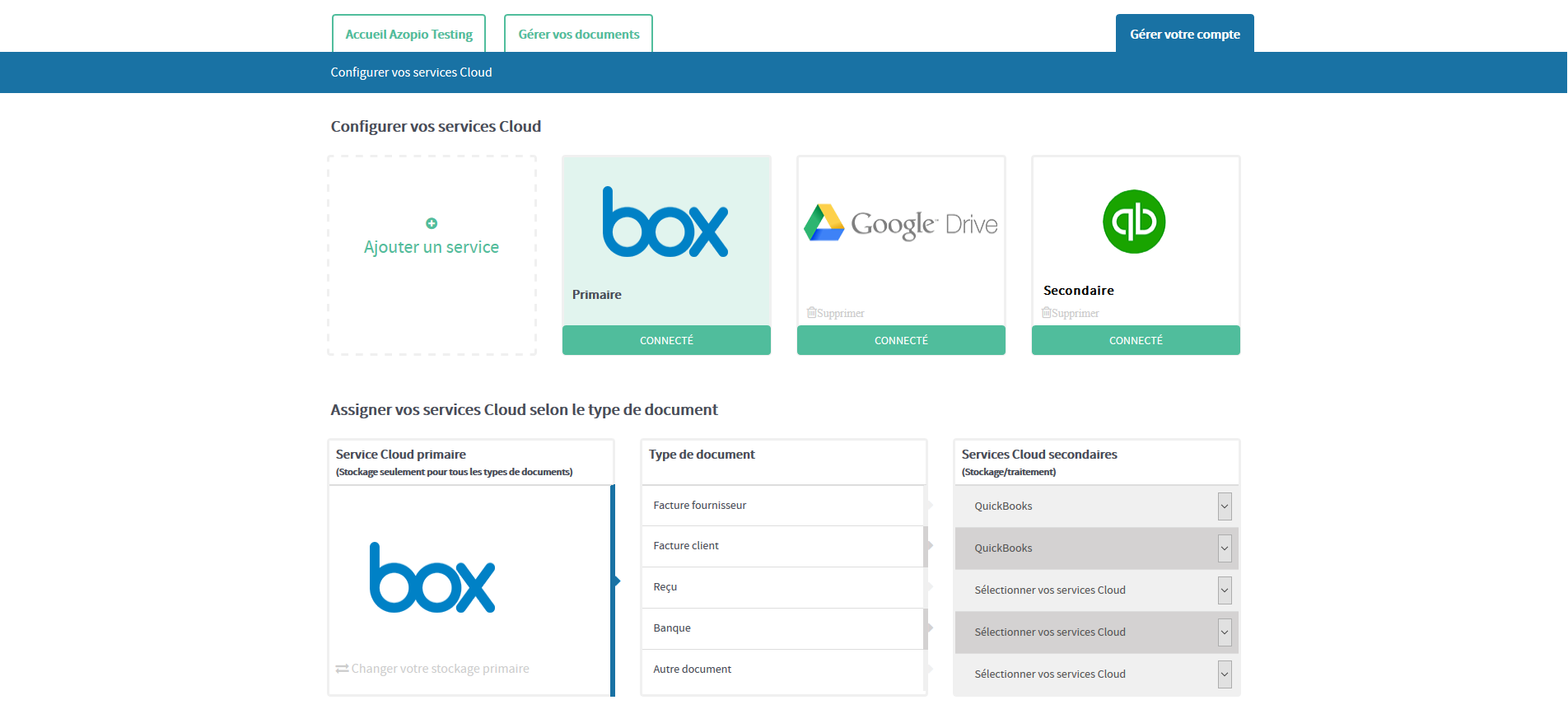 Azopio - L'utilisateur peut configurer ses services de stockage Cloud (tels que Dropbox, Google Drive, Box et OneDrive) et ses logiciels de comptabilité en ligne (Quickbooks et Xero)