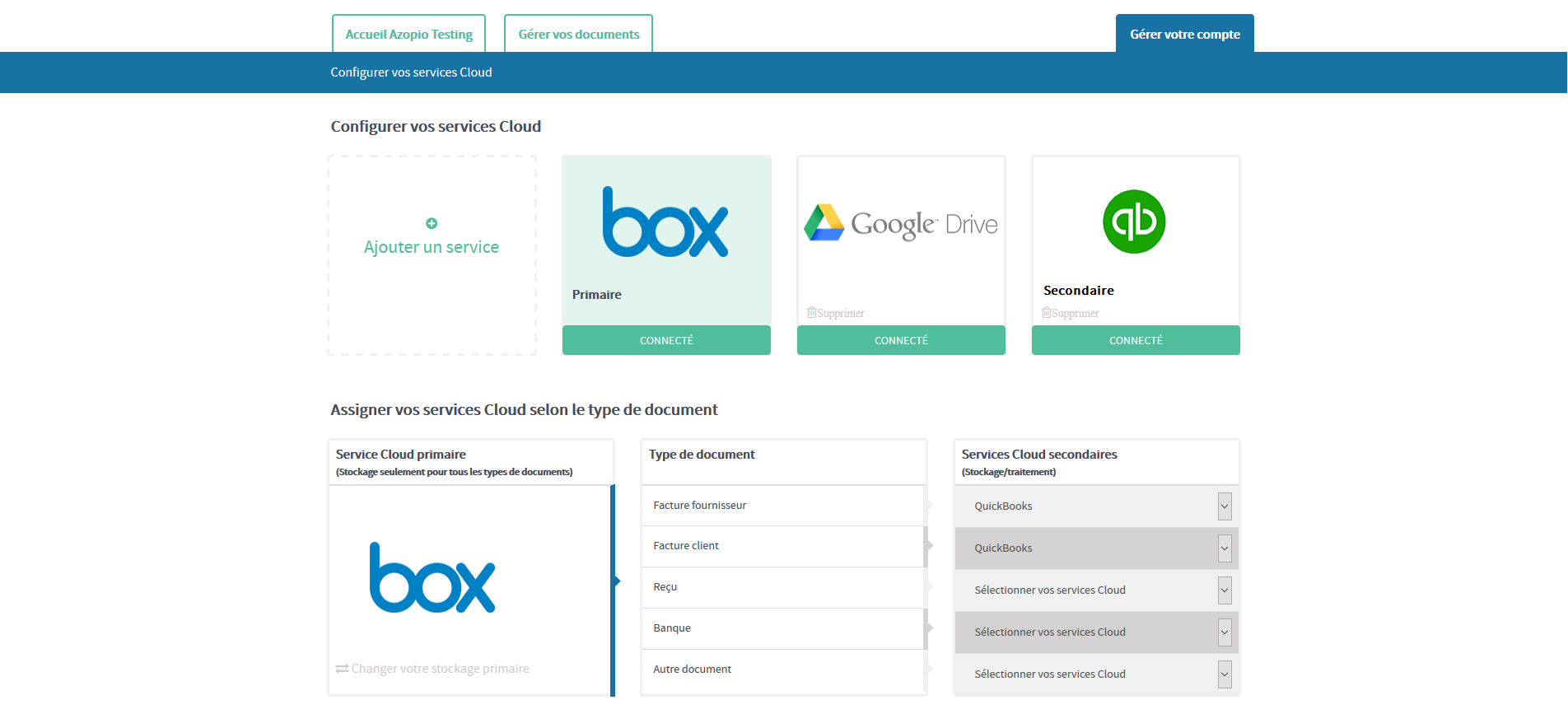 Azopio - The user can configure their cloud storage services (such as Dropbox, Google Drive, Box and onedrive) and its online accounting software (QuickBooks and Xero)