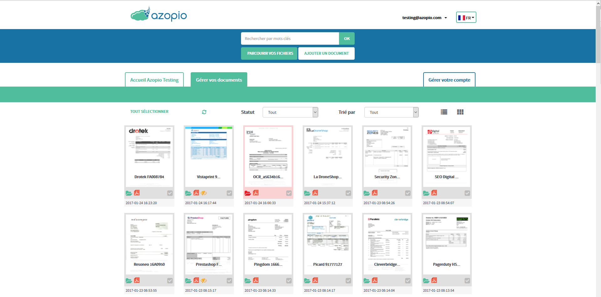 Azopio - L'utilisateur peut visionner en un clin d'oeil les documents téléchargés automatiquement sur l'interface intuitive d'Azopio. Il peut facilement connâitre leurs statuts et lancer des recherches spécifiques