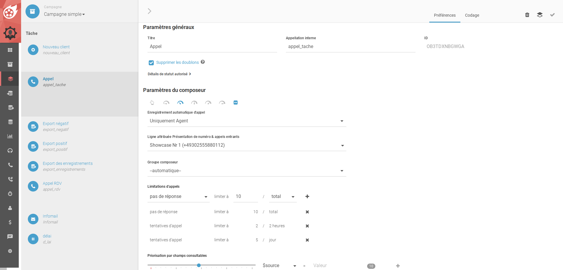 Dialfire - Possibilité de paramétrage facile d'accès et intuitif lors de la phase de tâche appel