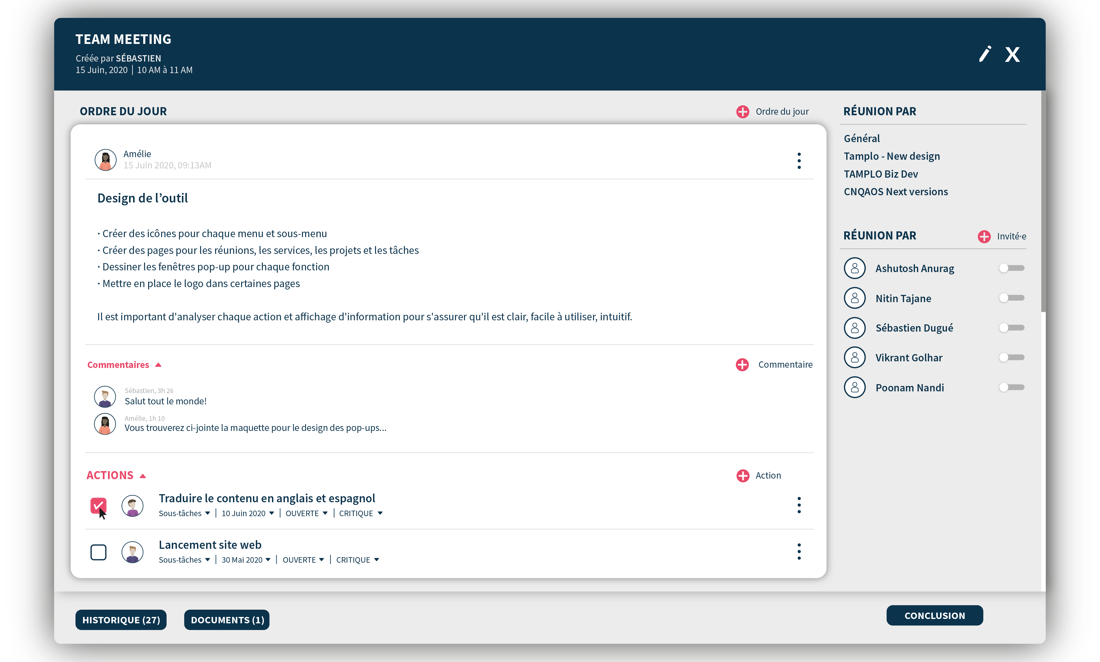 TAMPLO - TAMPLO : module de gestion des réunions (Invités, ordre du jour, actions et sujets à traiter, etc.)