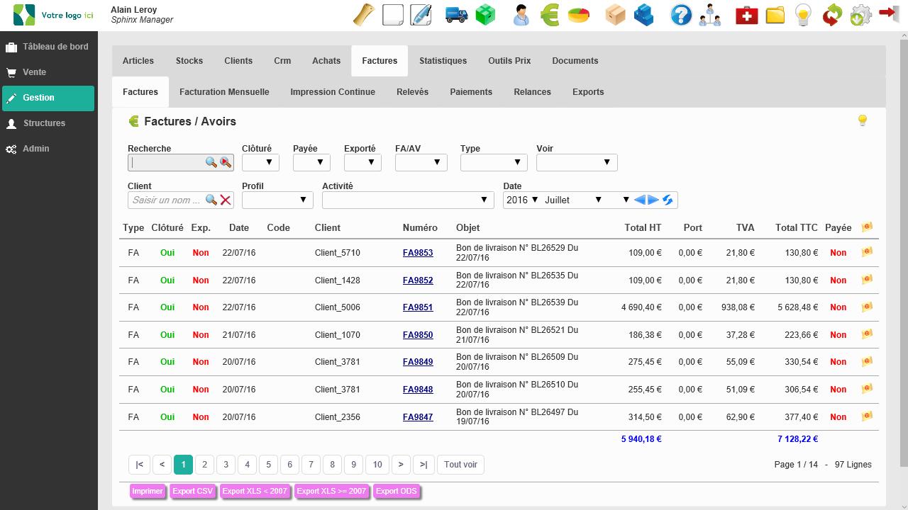 Sphinx Manager - Liste des factures