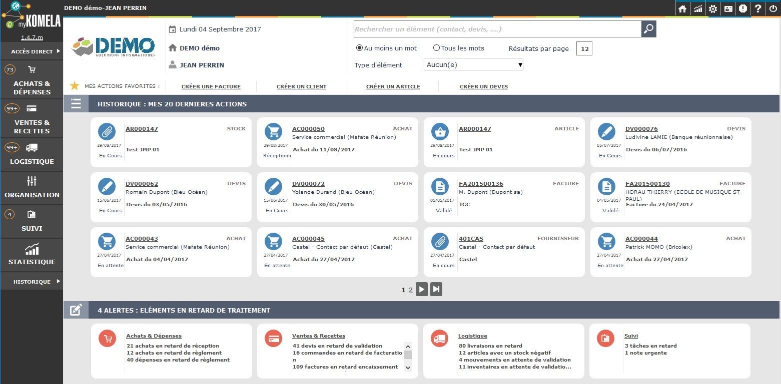 myKomela Cloud - Accueil avec recherche centralisée et dernières actions réalisées