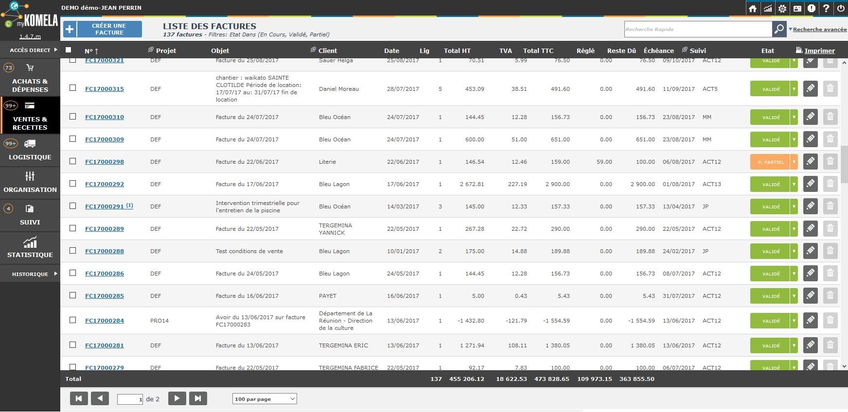 myKomela Cloud - Liste des factures en cours avec statut d'avancement