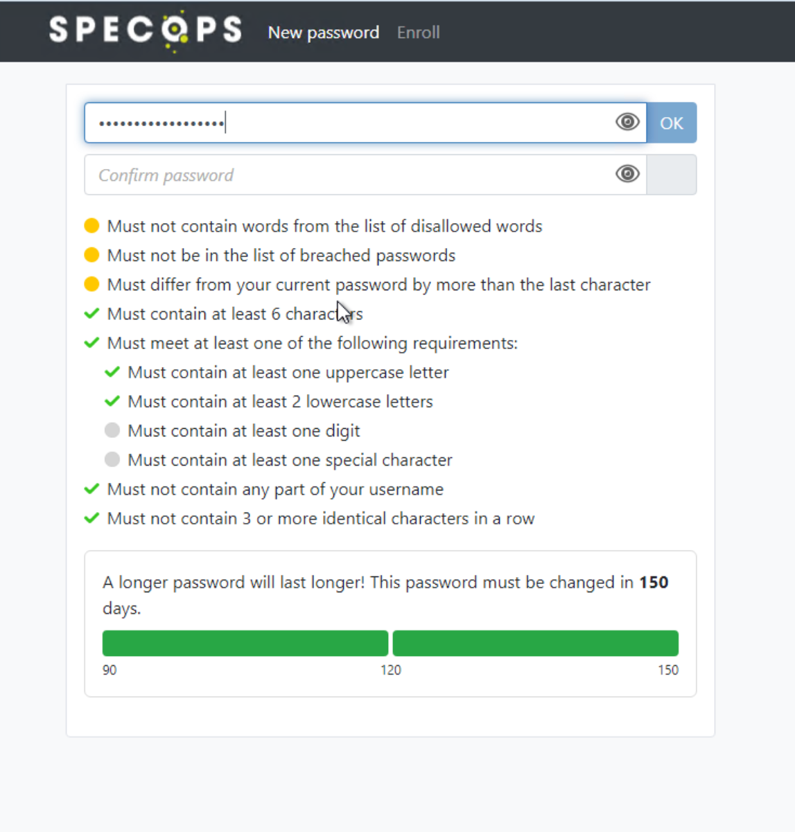 Specops uReset - Un écran qui affiche les détails de la politique de mot de passe afin que l'utilisateur final puisse sélectionner la bonne combinaison de lettres et de caractères spéciaux
