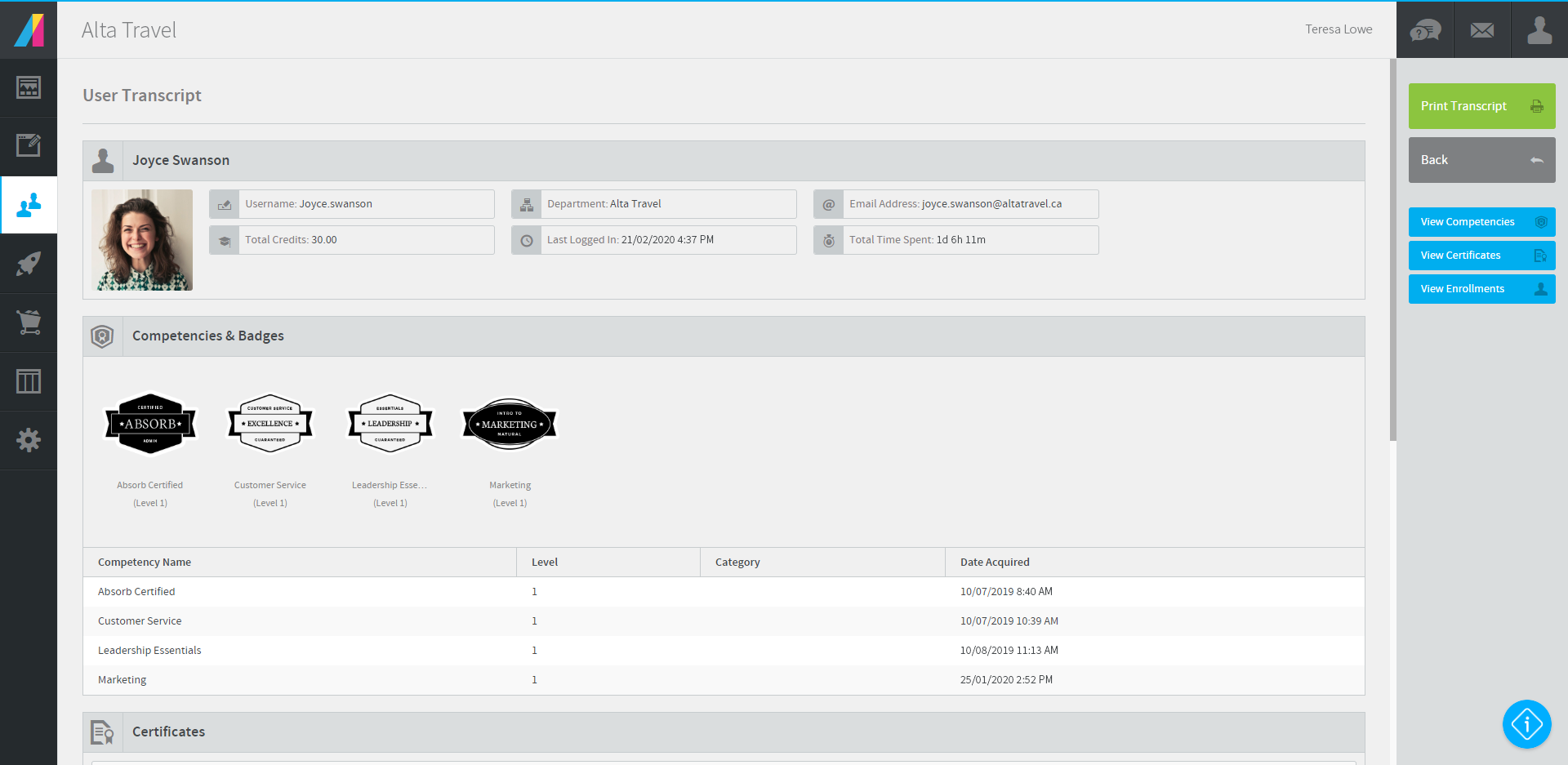 Absorb LMS - User Transcript: Transcripts display user profiles, competencies and badges, certificates, and enrollment details.