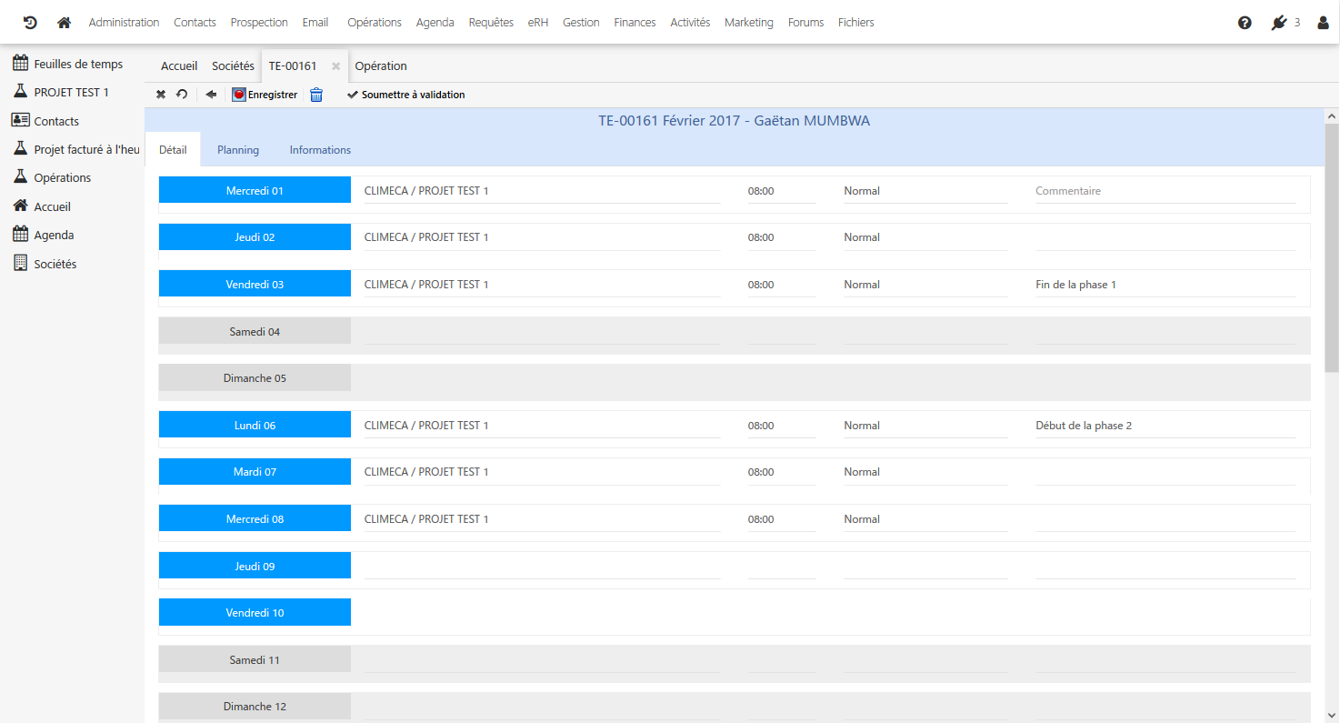 Oryanoo CRM - Entering a timesheet