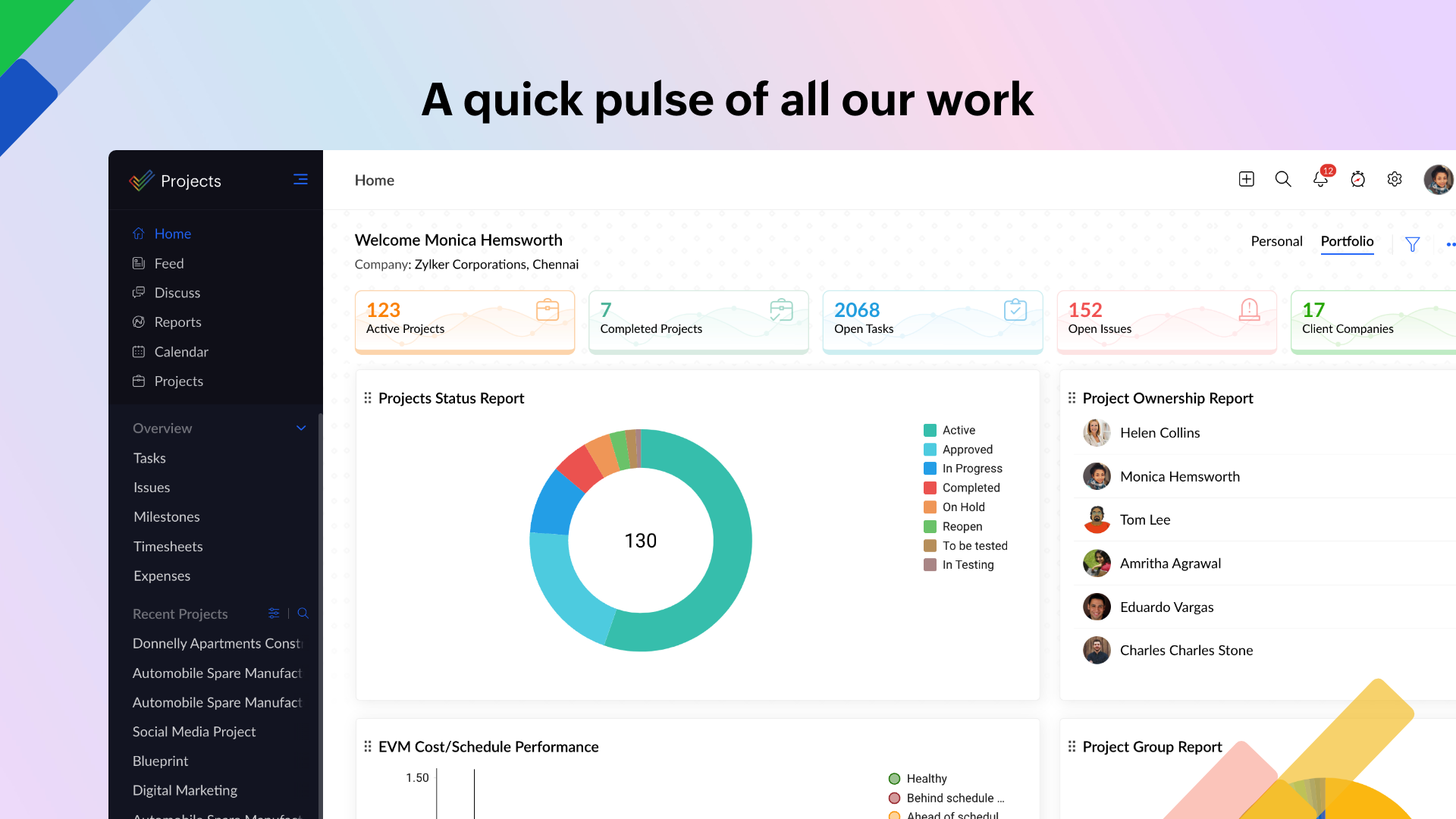 Zoho Projects - Get an instant overview of all your tasks. Detailed visuals on your team's progress let you know where the bottlenecks are so you can take action.