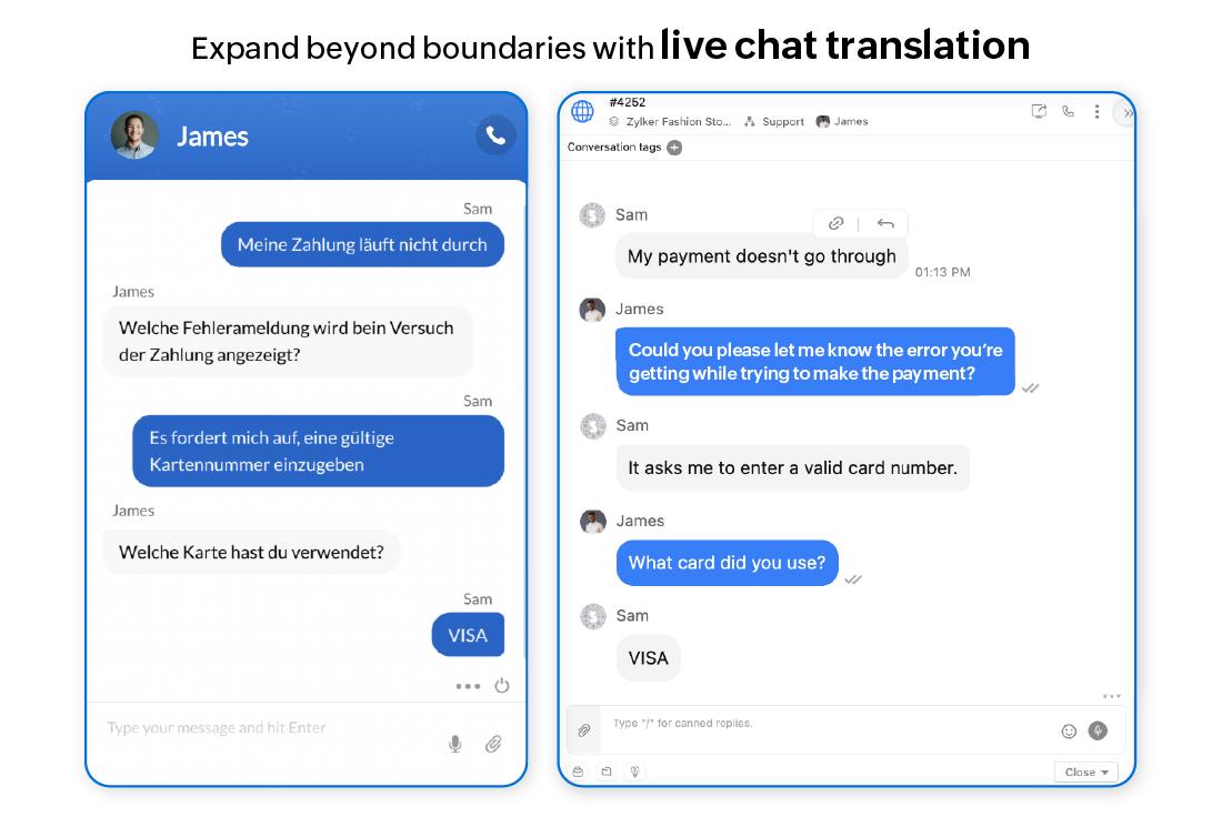 Zoho SalesIQ - Identifica más de 28 idiomas en los que pueden estar conversando tus clientes y respóndeles en su lengua materna con la traducción del chat en directo.