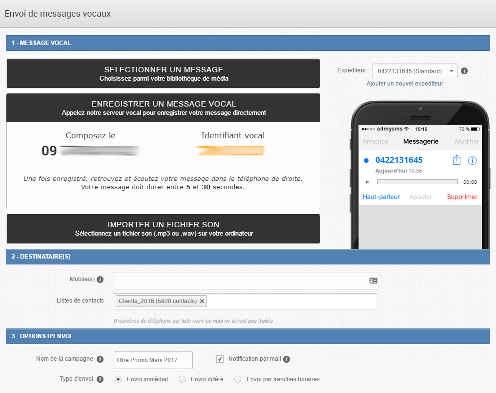 allmysms - Dépôt de messages vocaux sur répondeur