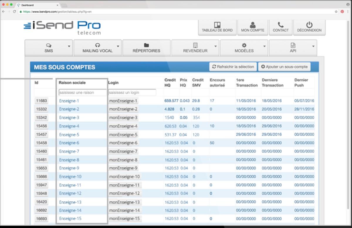 iSend Pro Telecom - iSend Pro : création se sous-comptes