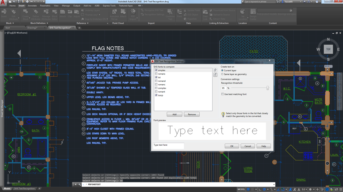 AutoCAD - Importation de géométrie ou de calques sous-jacents dans le dessin en cours en tant qu'objets AutoCAD  Les dernières améliorations incluent la reconnaissance de texte SHX importé.