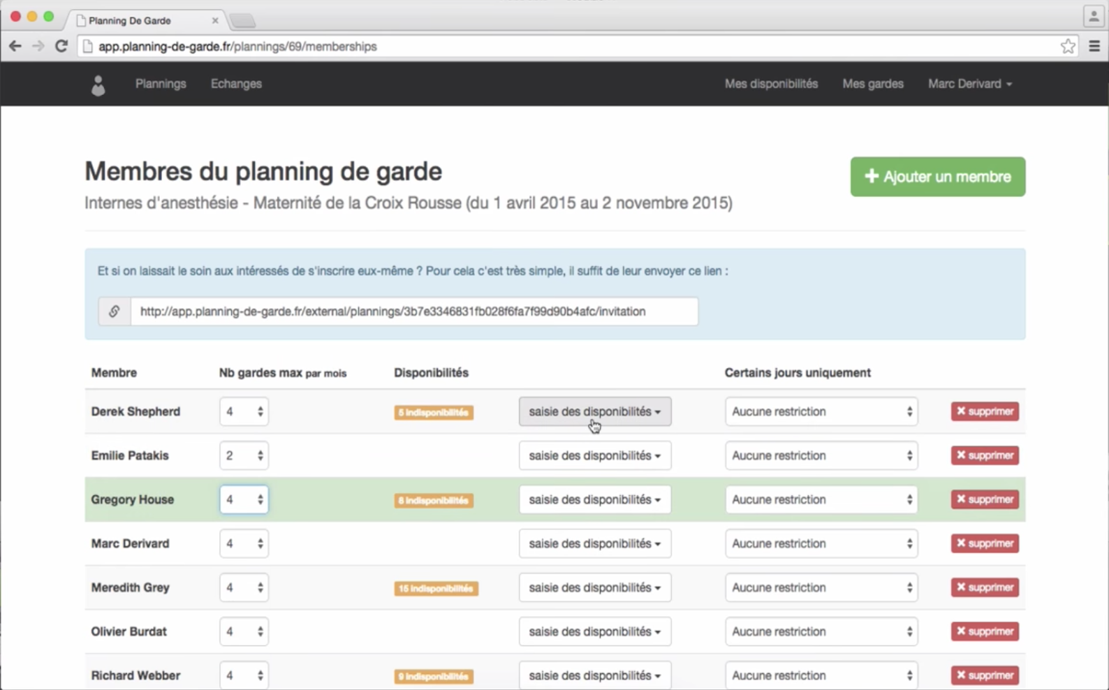 Planning de garde - Planning de garde : membres du planning de garde