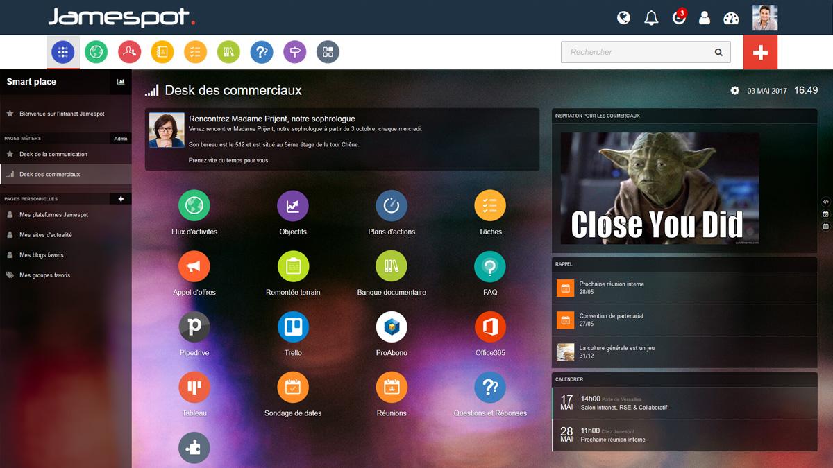Jamespot Digital Workplace - L'interface de Smart Place : des widgets, des applications métiers, etc.