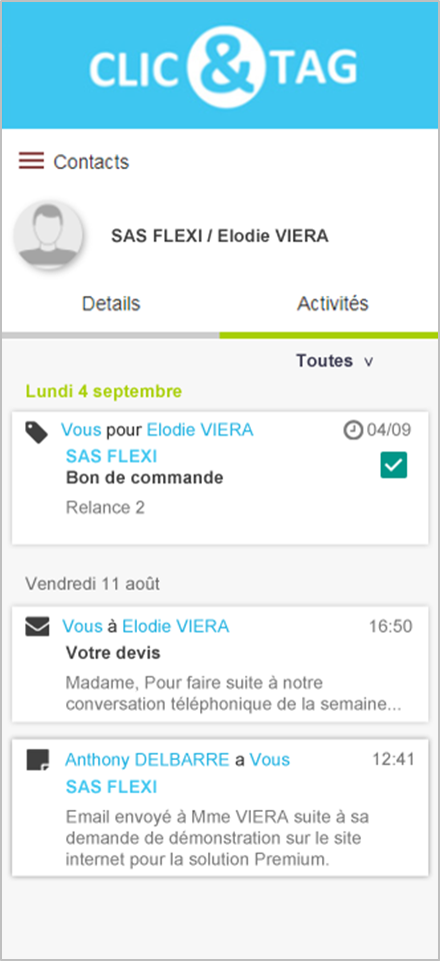 Clic CRM - Le flux des activités est synchronisé dans l'extension Gmail.