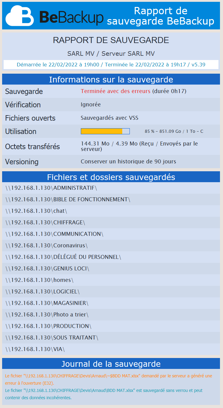 BeBackup - Visualisation du rapport de sauvegarde