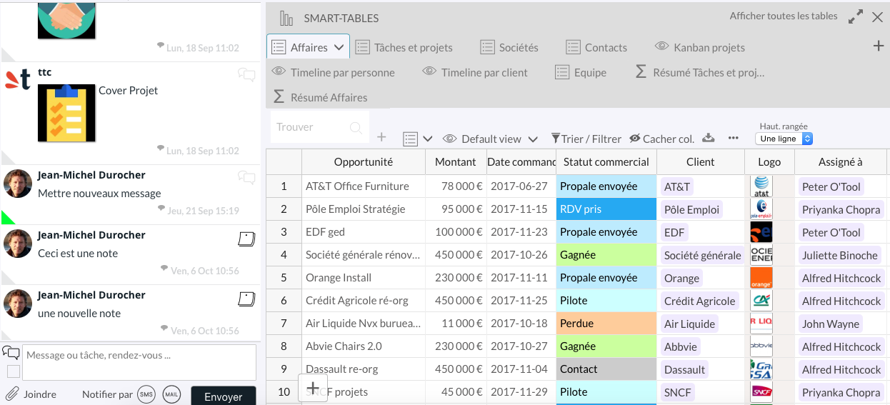 TimeTonic - Table view: Collaboration space (sms, email, push notification) on the left side and right side of the database