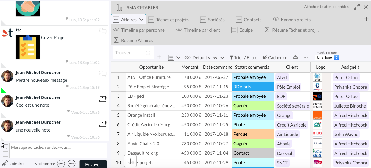 TimeTonic - Table view: Collaboration space (sms, email, push notification) on the left side and right side of the database TimeTonic - Table view: Collaboration space (sms, email, push notification) on the left side and right side of the database