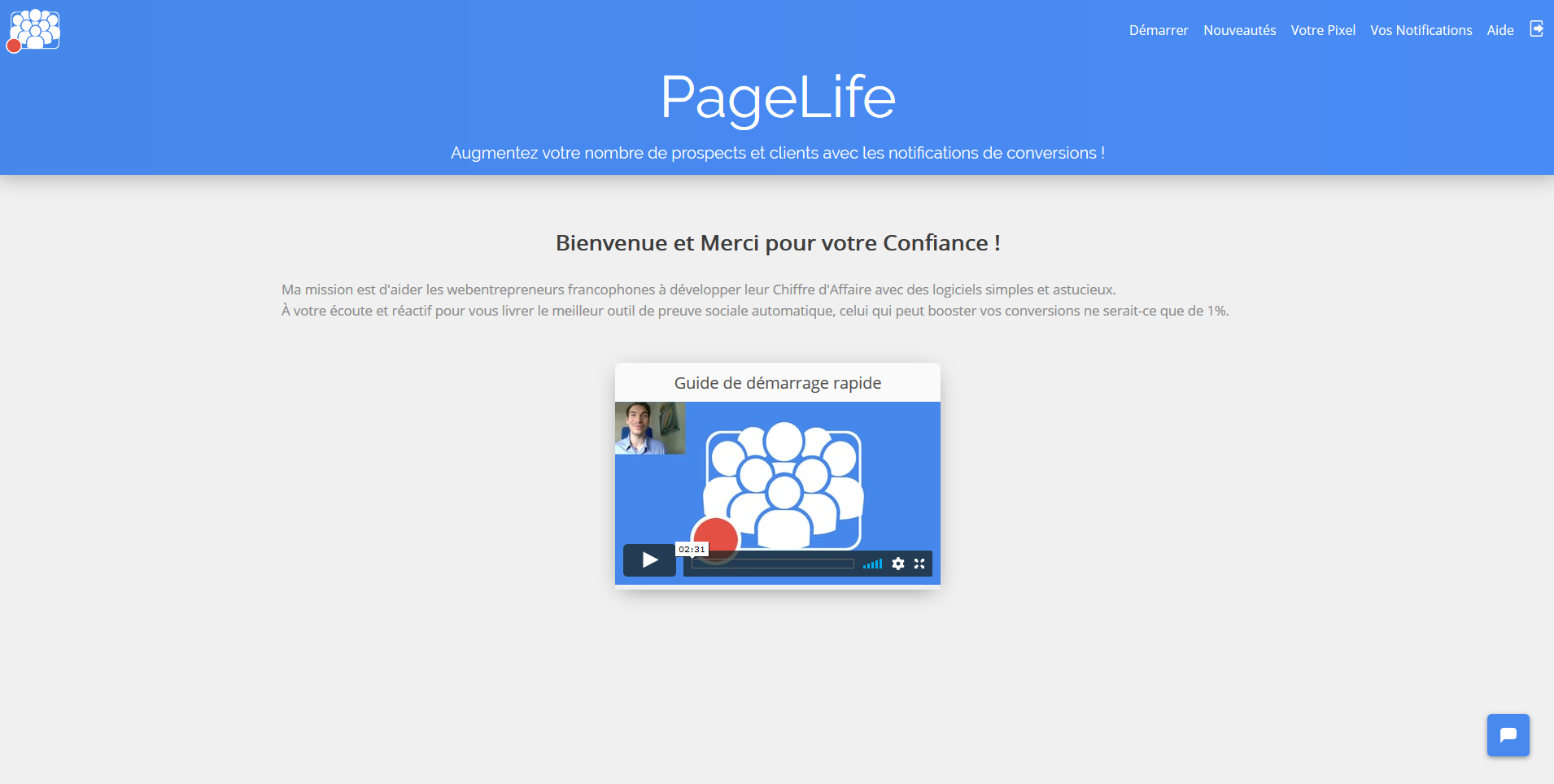 PageLife - PageLife interface d'accueil du logiciel avant de créer une 1ère notification de preuve sociale