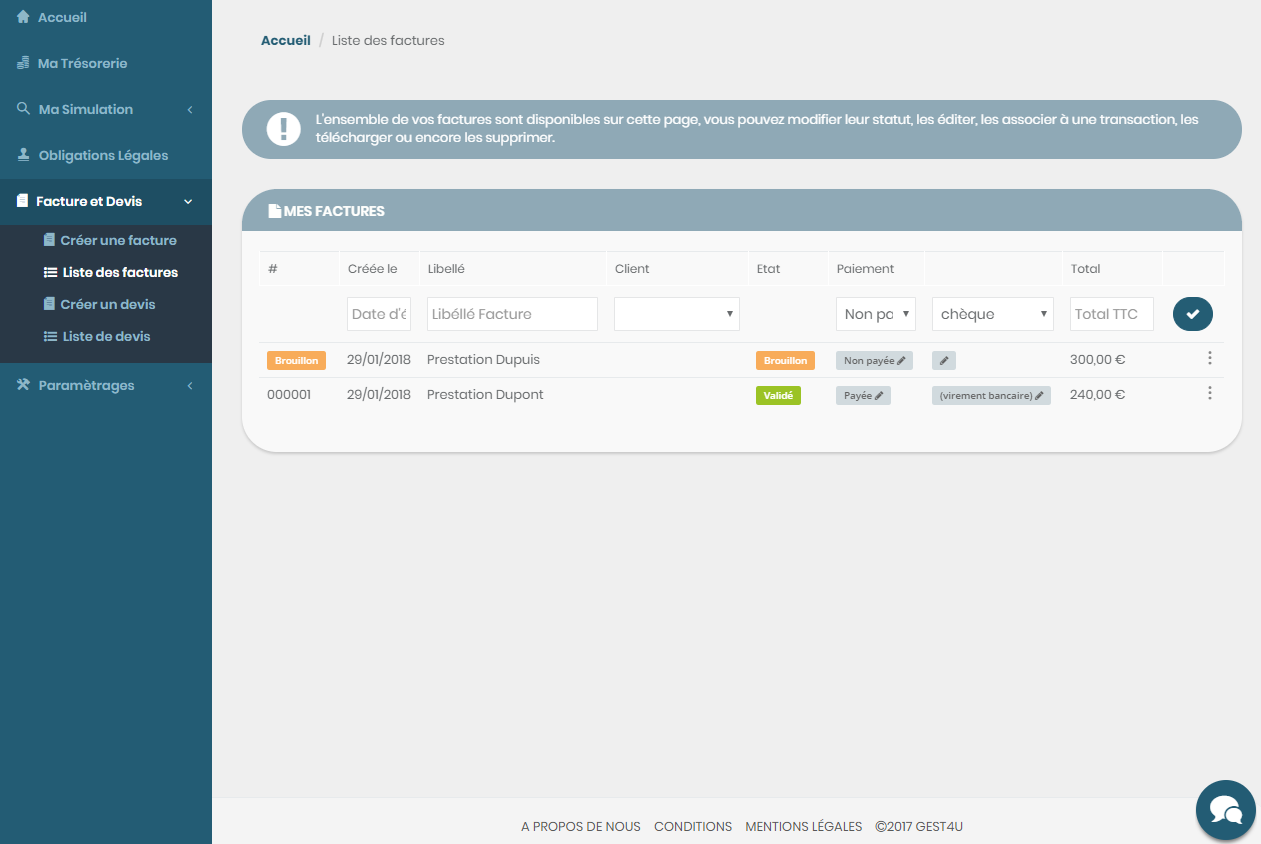 Gest4U - La liste des factures vous permet de constater lesquelles ont été payées et de les associer à une transaction.