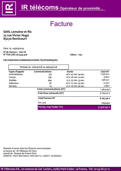 Comtrafic - Exemple de facture télécom