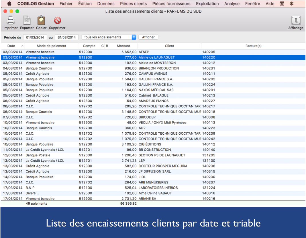 Cogilog Gestion - Liste des encaissements clients