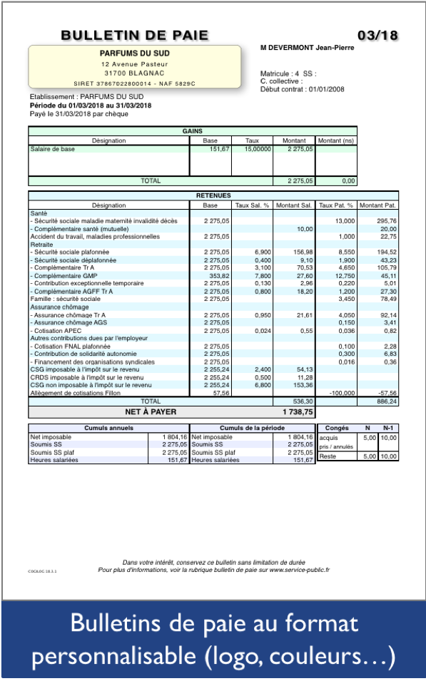 Cogilog Paye - Exemple de bulletin de paie