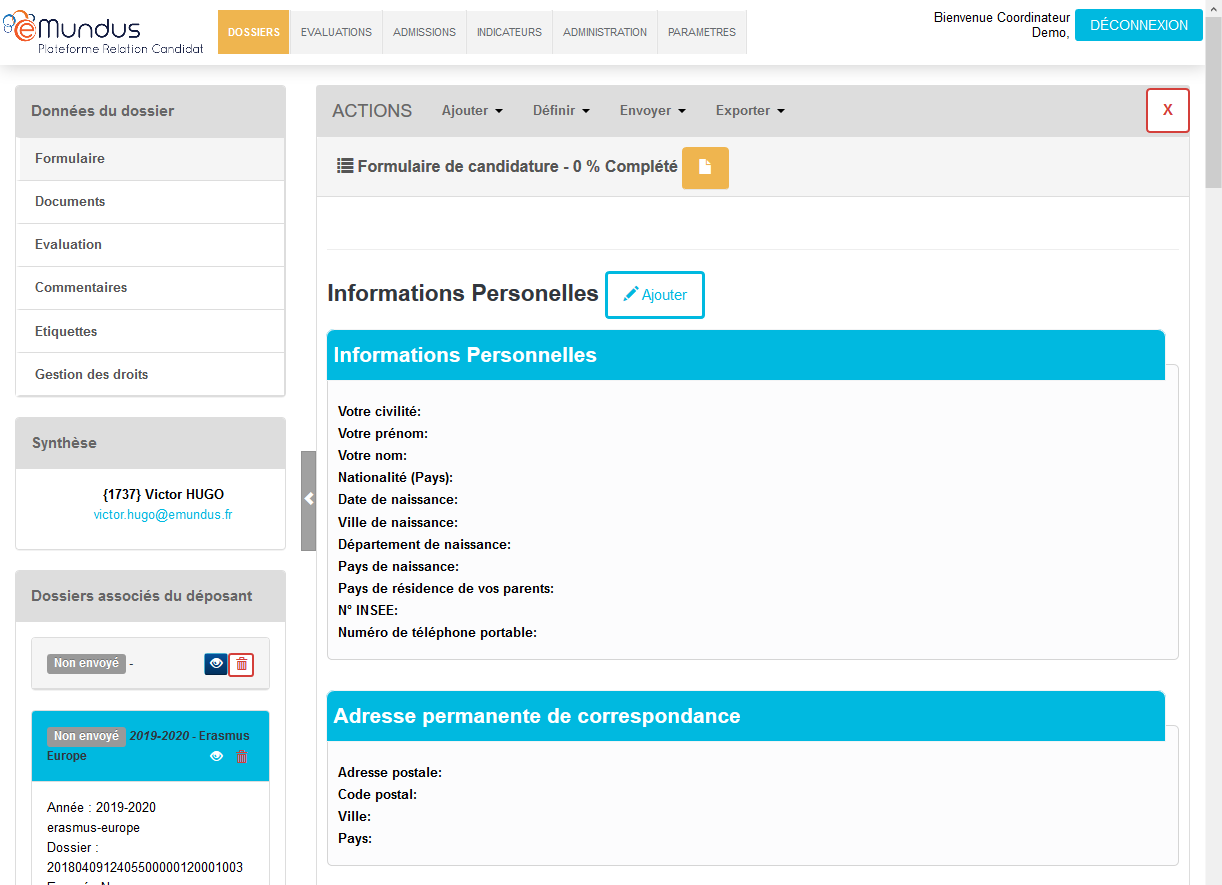 eMundus - Consultation du dossier de candidature